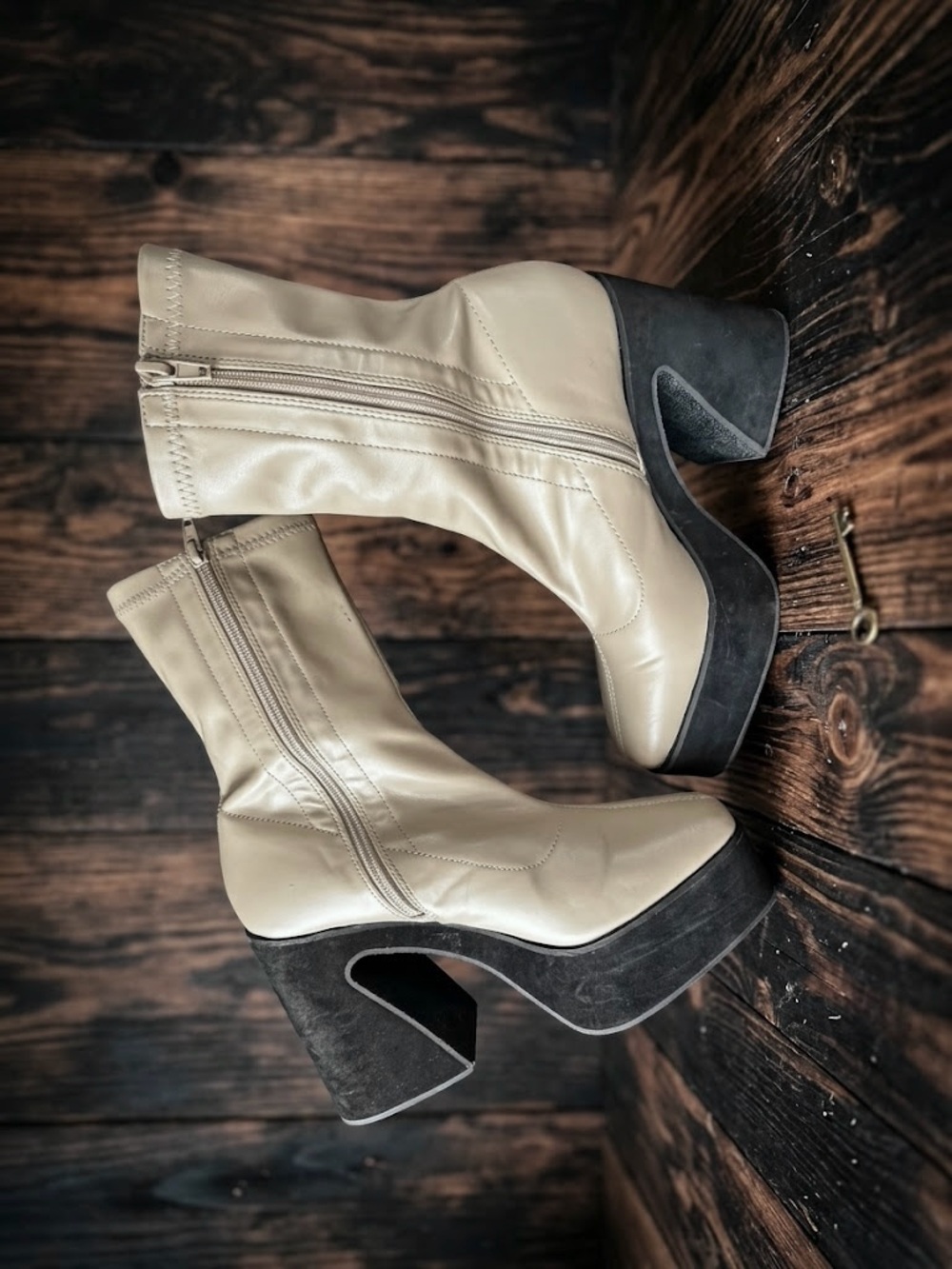 So Me Beige Tan Platform Booties Heavy Block Heel Y2K Bratz Style *S8 see notes